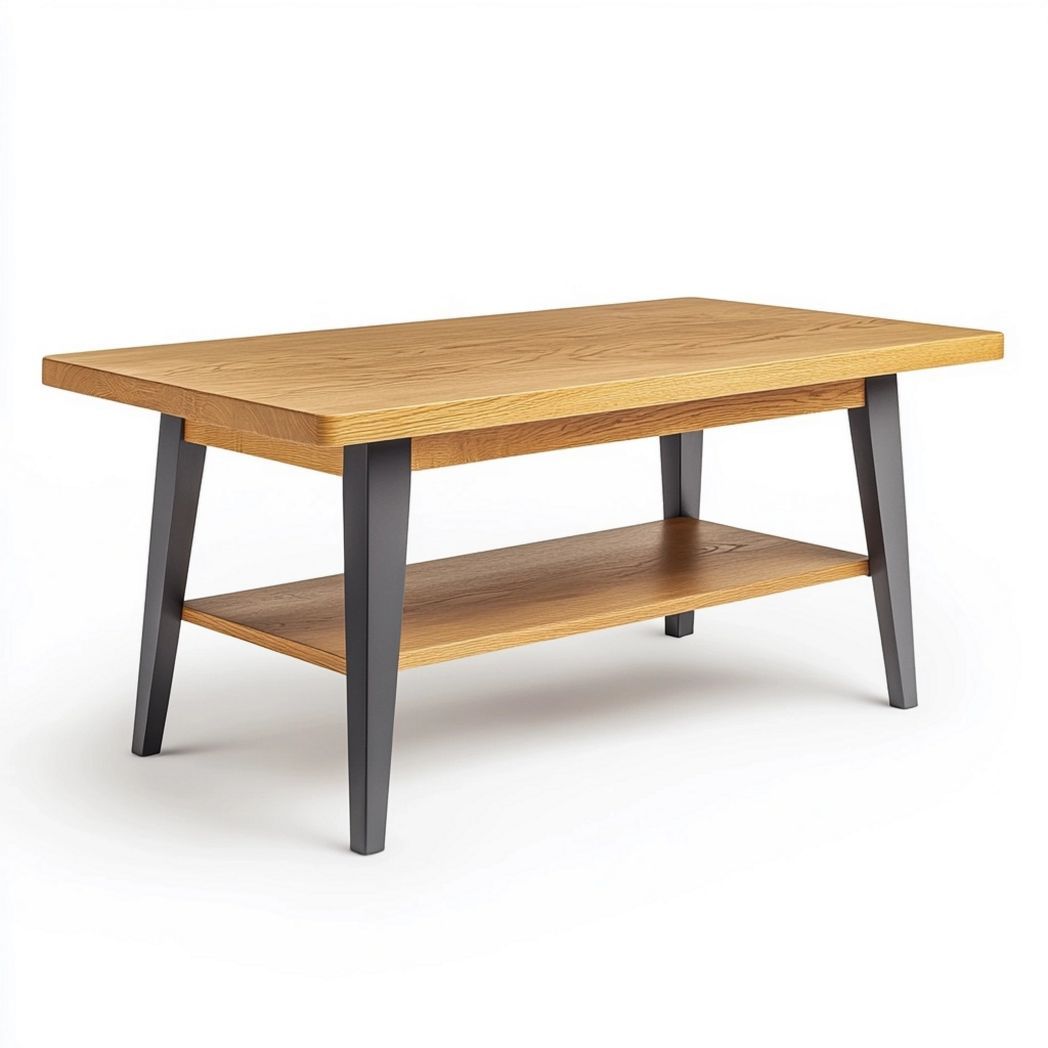 Table basse rectangulaire en chêne et métal avec plateau bois et étagère, 100x60x45 cm