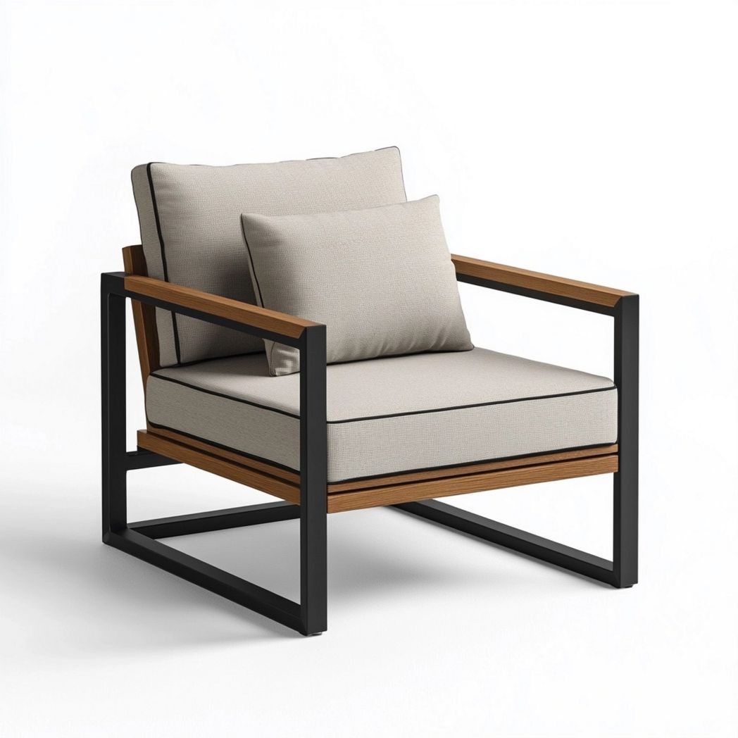 Fauteuil d'extérieur minimaliste avec coussins épais et structure en métal